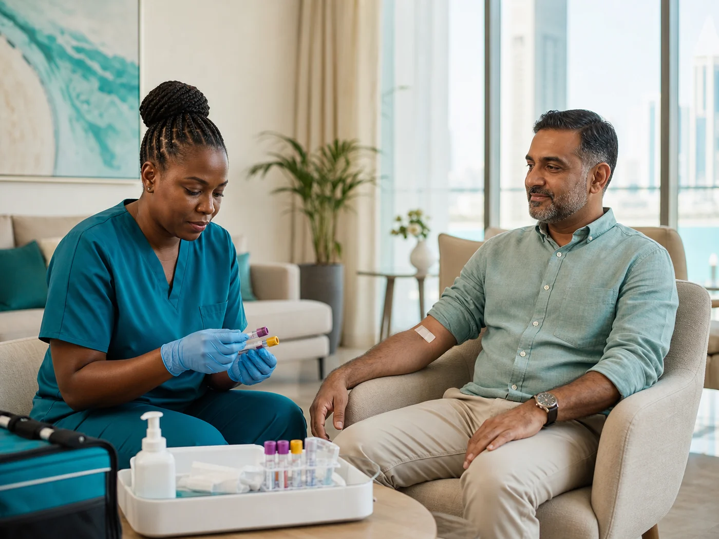 Phlebotomist labelling blood sample tubes during a home visit in Abu Dhabi
