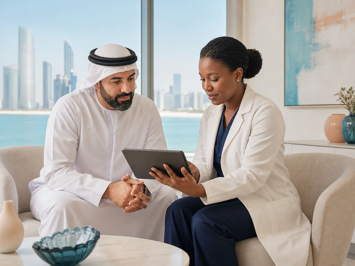 Doctor and patient reviewing laboratory results on a tablet