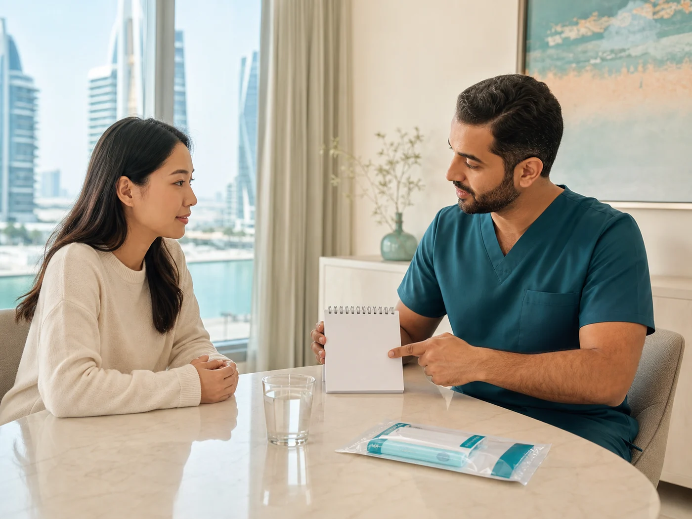 Nurse explaining blood-test preparation to an adult patient at home