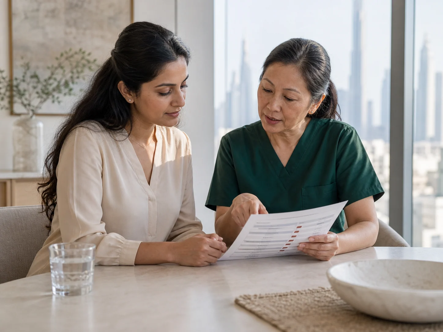 Illustration of a healthcare worker pointing to a printed report while reviewing it with an adult
