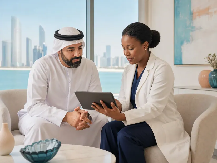 Adult and clinician reviewing laboratory results on a tablet