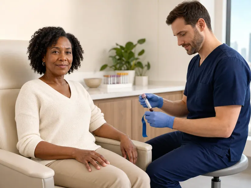 Phlebotomist collecting a blood sample from an adult