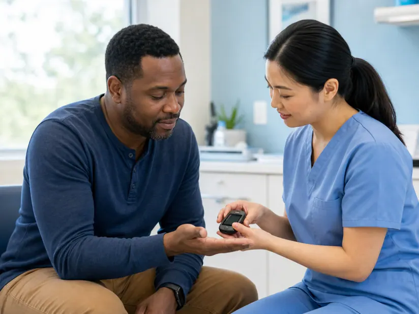 Nurse explaining glucose monitoring to an adult